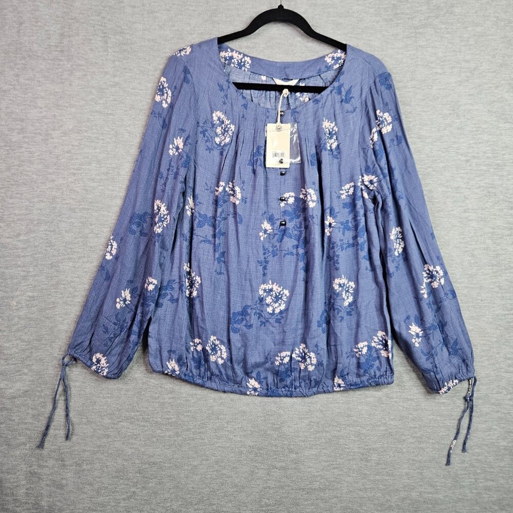 Lucky Brand Women's Size Large Blue Floral Boho Peasant Blouse NWT